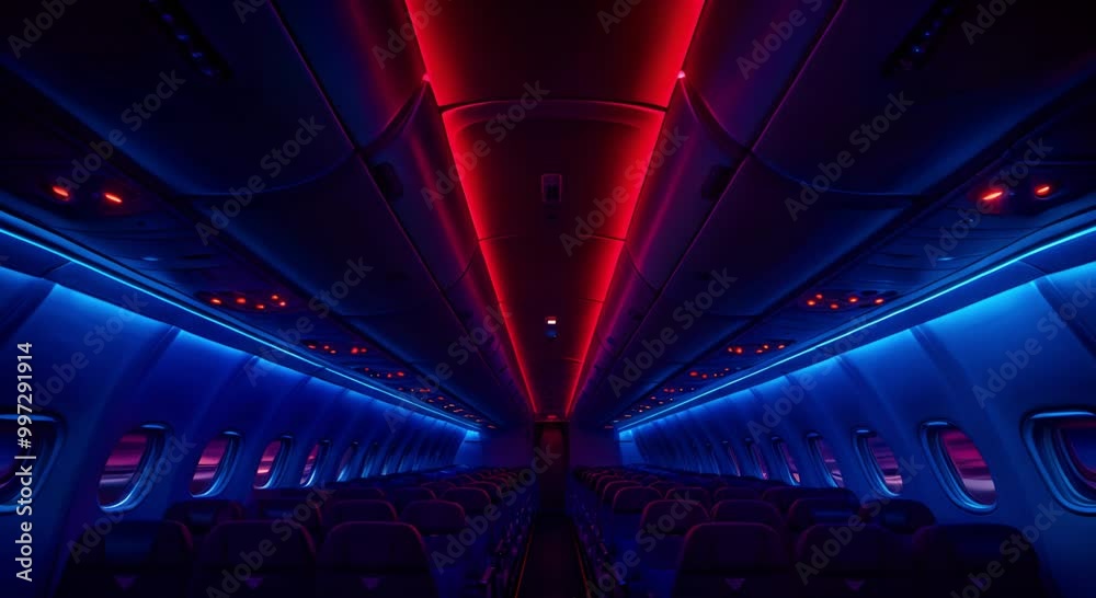 Empty airplane cabin with rows of seats and overhead compartments Empty airplane cabin with rows of seats and overhead compartments