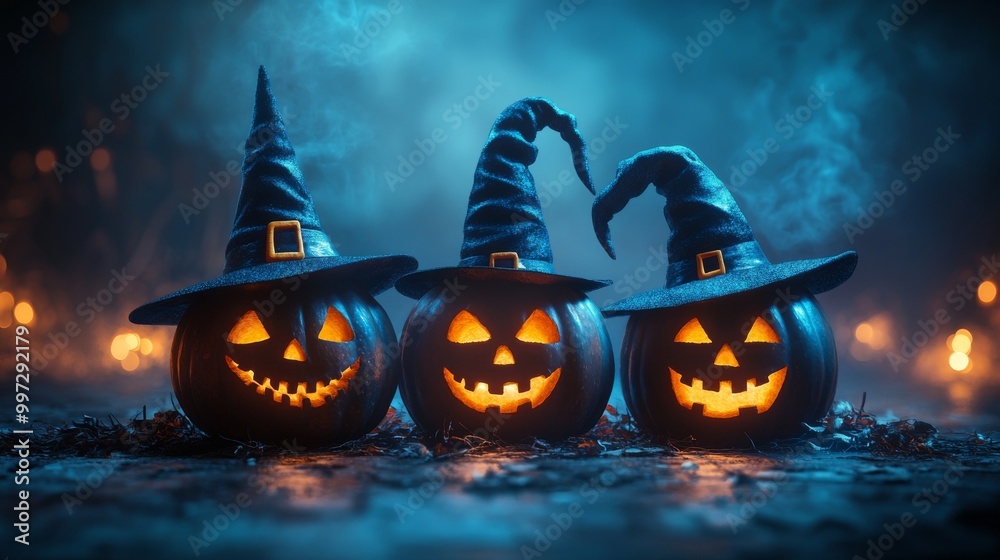 Fototapeta premium Mystical Halloween Night with Glowing Jack-o'-Lanterns in the Forest