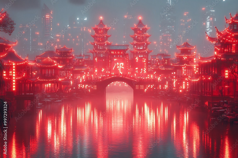 Fototapeta premium China National Day parade in a futuristic city where the buildings themselves light up in vibrant red forming the characters of China as the procession passes by