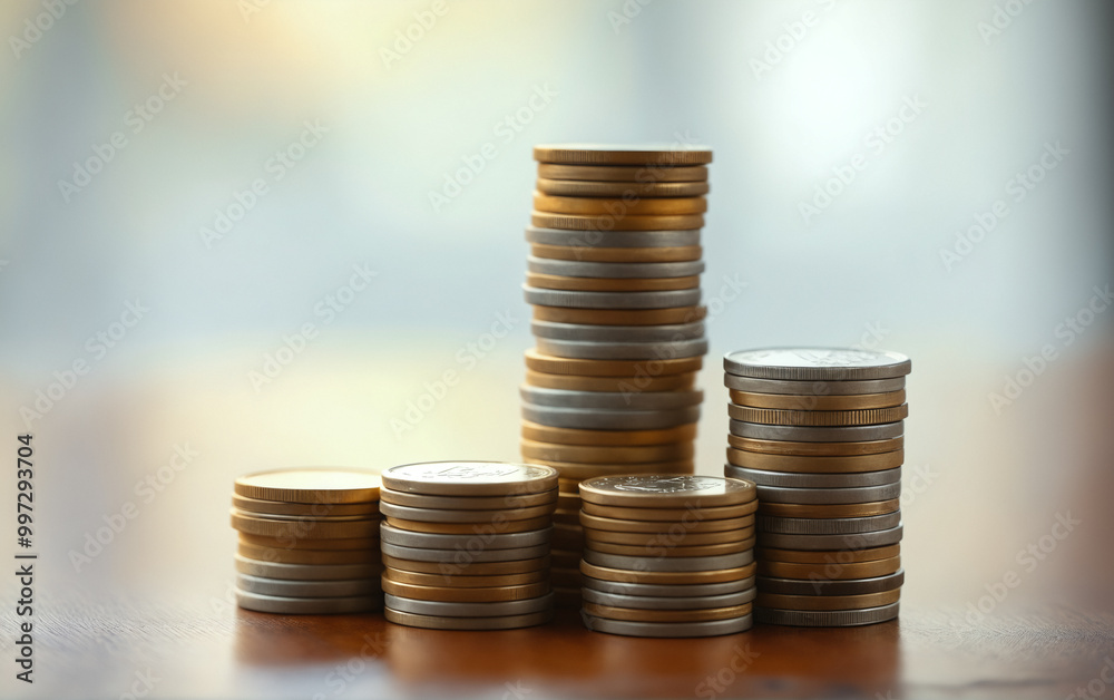 Stack of metal coins on wooden tabletop in minimalist style. Stack of metal coins on wooden tabletop in minimalist style.