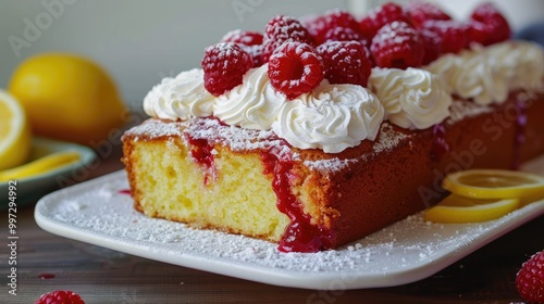 Moist lemon pound cake with raspberry coulis, whipped cream, and a dusting