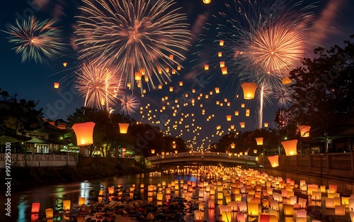 Hundreds of glowing lanterns float on a river under a night sky filled with fireworks.