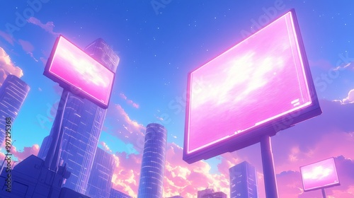 Futuristic Anime Cityscape with Skyscrapers and Holographic Billboards at Night