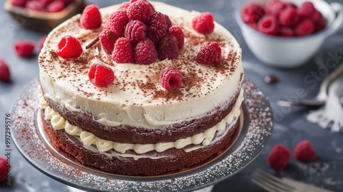 Wallpaper Mural Moist red velvet cake with cream cheese frosting, raspberries, and a dusting of cocoa powder Torontodigital.ca