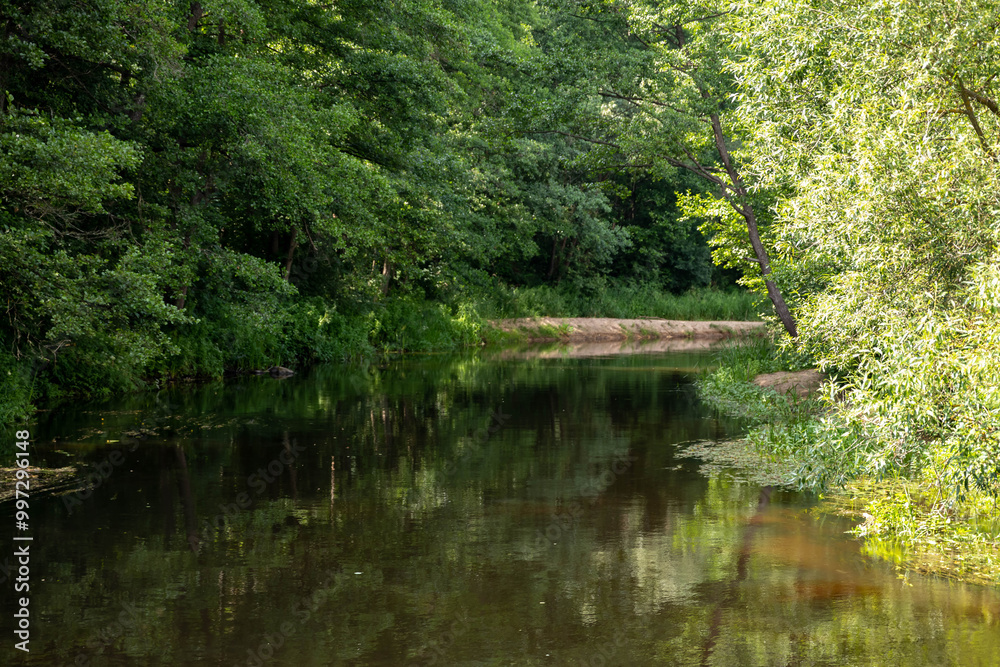 Summer landscape with a small river. Slow flowing river Summer landscape with a small river. Slow flowing river