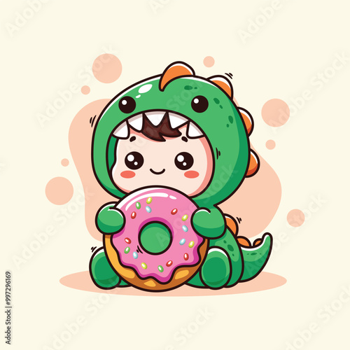 Cute baby dinosaur with donut. Vector illustration. Cartoon style.