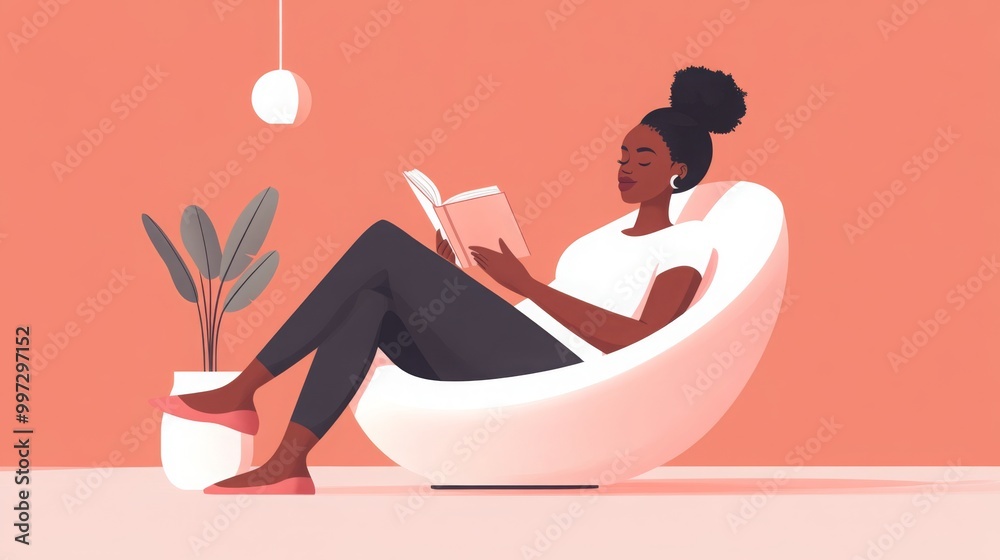 A young woman enjoys a quiet moment, sitting comfortably in a contemporary chair while reading a book. She's surrounded by indoor plants and a soothing peach-colored wall, creating a calm atmosphere. A young woman enjoys a quiet moment, sitting comfortably in a contemporary chair while reading a book. She's surrounded by indoor plants and a soothing peach-colored wall, creating a calm atmosphere.