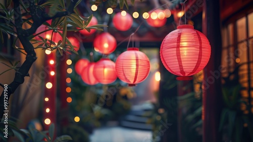 Red paper lanterns hanging in a courtyard.