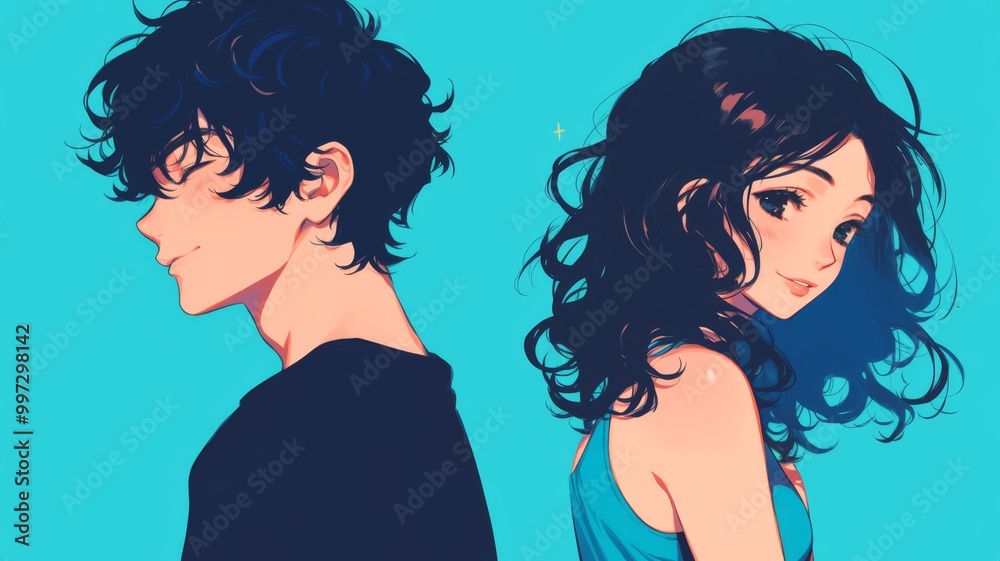 A boy and girl standing back to back, each facing different directions A boy and girl standing back to back, each facing different directions