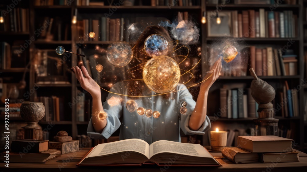 Mystical Library: A Woman Surrounded by Celestial Wonders Mystical Library: A Woman Surrounded by Celestial Wonders
