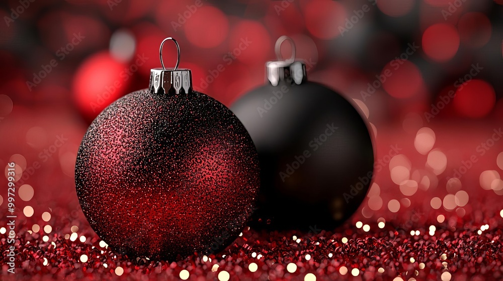 Red and black Christmas ball ornaments with shimmering lights, 3D illustration Red and black Christmas ball ornaments with shimmering lights, 3D illustration