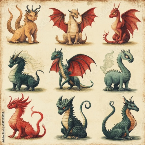 Nine cute cartoon dragons with different colors and poses on a beige background.