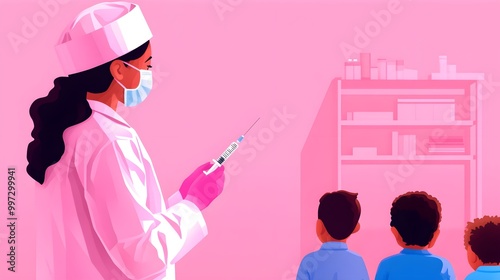 Nurse administering a vaccine in a school gym, children seated at a distance in a line, pastel colors, soft lighting, minimalist illustration, focus on safety photo