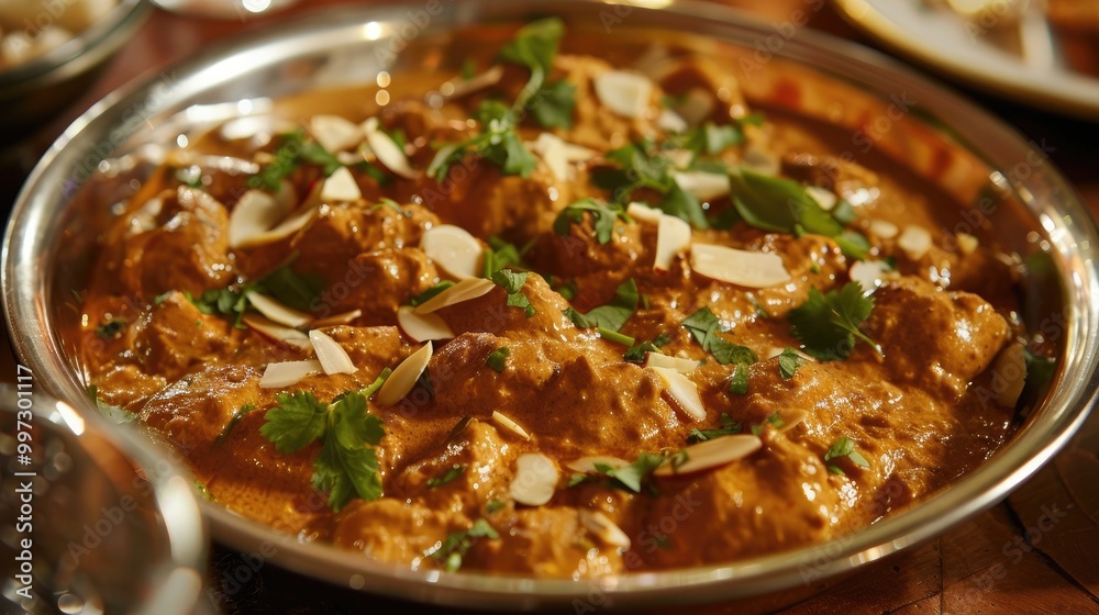 Rich and creamy korma curry, overflowing with tender chicken and garnished with slivers of almonds and fresh cilantro, served in a gleaming silver bowl. A royal treat from Indian cuisine.