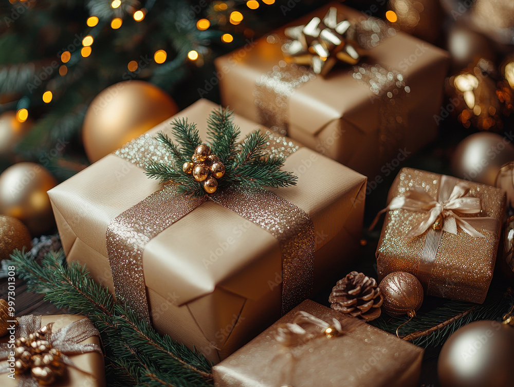 Flat lay new year cristmas boxes, balls and pine tree and lights . High quality photo Flat lay new year cristmas boxes, balls and pine tree and lights . High quality photo