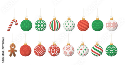Big retro christmas balls set isolated on a white background. green white and red Set of beautiful Christmas decoration. Christmas elements, design for Christmas card, greeting card.