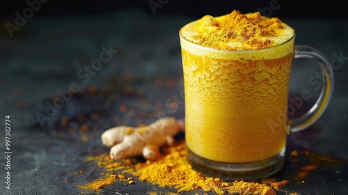 Smooth ginger turmeric latte with foam.