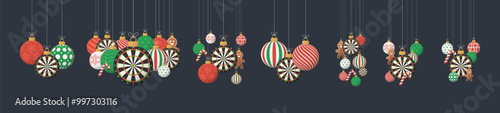 dart board Christmas Greeting grainy ball set. Group of Merry Christmas and happy new year sport retro Hang on a thread xmas ball bauble with grainy noise.