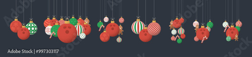 bowling Christmas Greeting grainy ball set. Group of Merry Christmas and happy new year sport retro Hang on a thread xmas ball bauble with grainy noise.