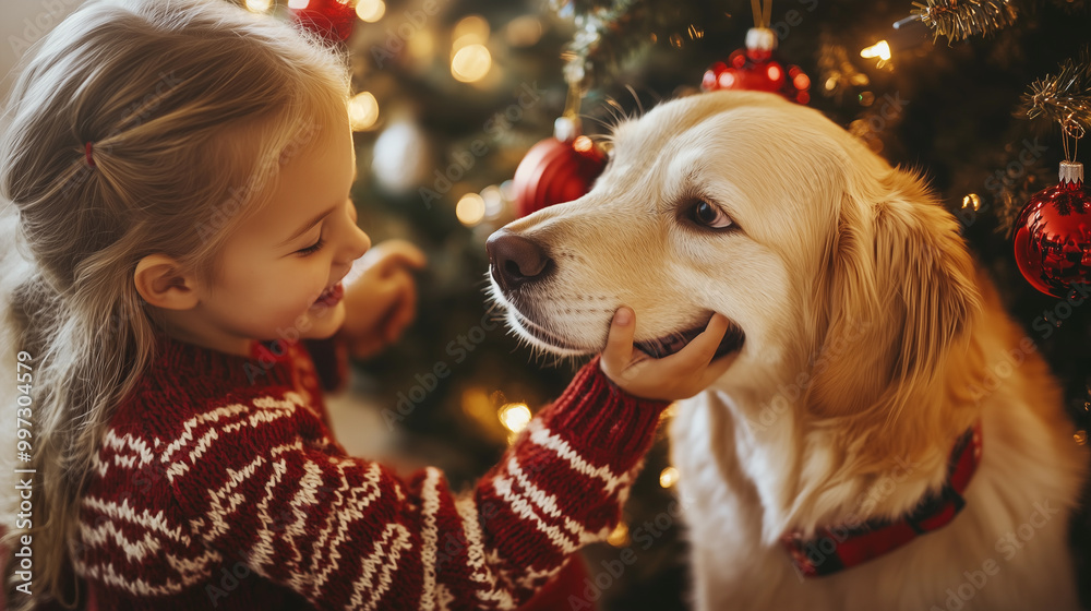a girl playing with her pet dog next to a christmas tree, filled with decorations and ornaments