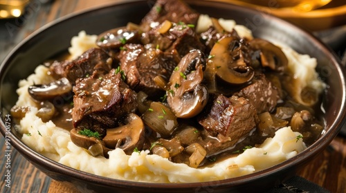 Tender beef tips with mushrooms and onions over mashed potatoes