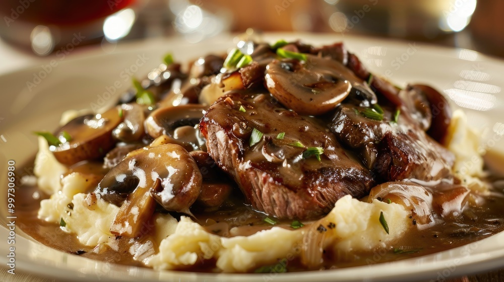 Tender beef tips with mushrooms and onions over mashed potatoes and gravy Tender beef tips with mushrooms and onions over mashed potatoes and gravy