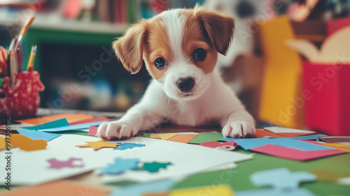 Obraz na płótnie playful and cute puppy playing with colorful papers on the table w salonie