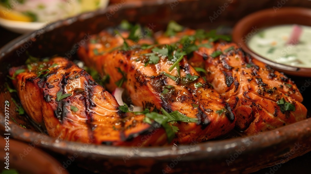 Tender slices of tandoori salmon, marinated in yogurt and spices, charred to perfection in a traditional clay oven, served with a side of cooling cucumber raita. Tender slices of tandoori salmon, marinated in yogurt and spices, charred to perfection in a traditional clay oven, served with a side of cooling cucumber raita.
