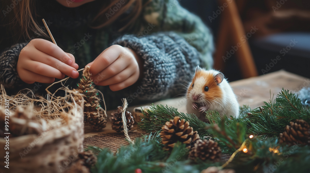 girl crafting sustainable and natural christmas decorations with her pet hamster