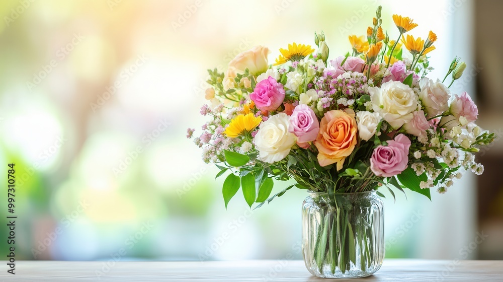 Vibrant mixed flowers in a glass vase bring color and joy to the light wood table, perfect for brightening any space. Generative AI Vibrant mixed flowers in a glass vase bring color and joy to the light wood table, perfect for brightening any space. Generative AI