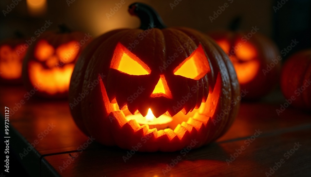 Spooky Halloween, festive Halloween decorations, lit jack-o'-lantern, creepy pumpkins, autumn pumpkins, carved pumpkin, laughing pumpkin, vibrant Halloween scene, decorations pumpkin, autumn leaves Spooky Halloween, festive Halloween decorations, lit jack-o'-lantern, creepy pumpkins, autumn pumpkins, carved pumpkin, laughing pumpkin, vibrant Halloween scene, decorations pumpkin, autumn leaves