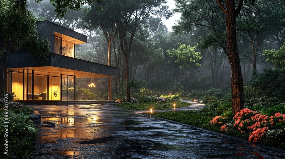 Fototapeta premium Modern house in a serene, lush forest setting.