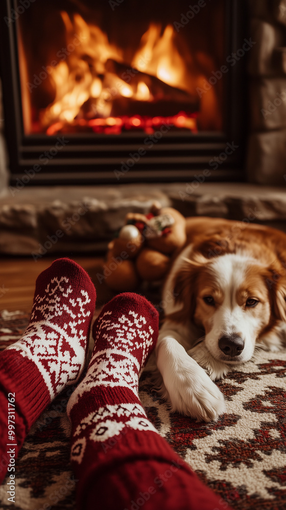 a child's red legs relax in christmas stockings next to a fireplace with their pet dog during the christmas season