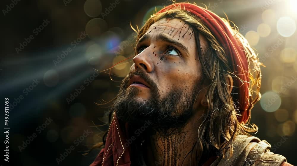 A man with a beard and long hair looks up at the sky, his face illuminated by the sun
