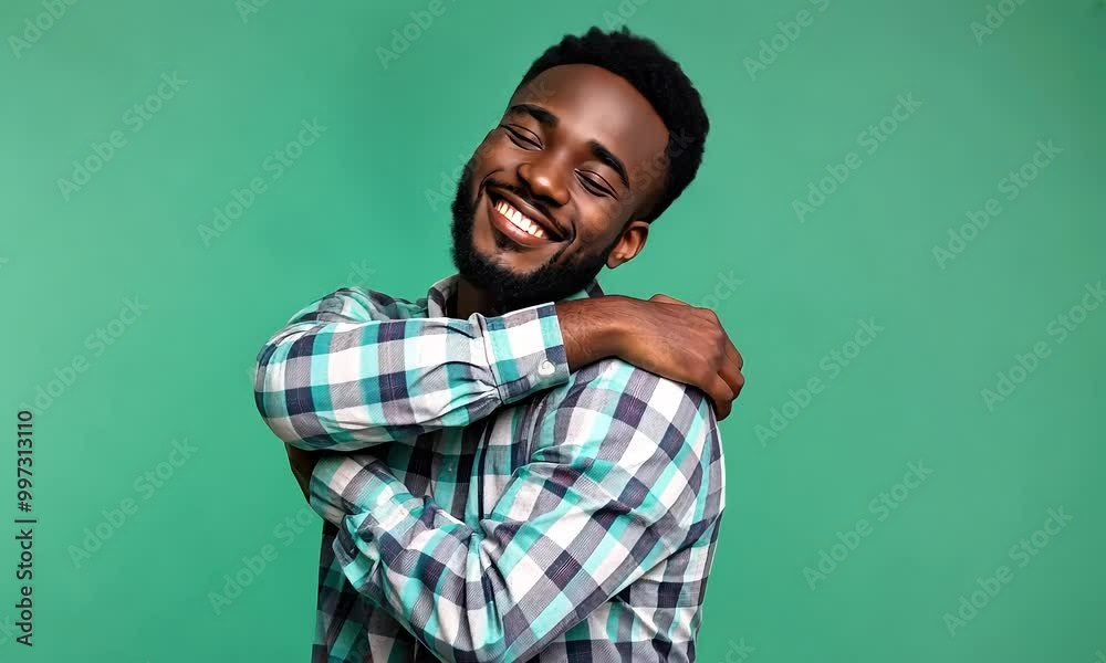 Man hugging himself in self-love pose with ai generated.
Man hugging himself in self-love pose with ai generated.