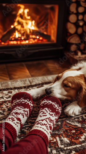 Obraz na płótnie a child's red legs relax in christmas stockings next to a fireplace with their pet dog during the christmas season w salonie