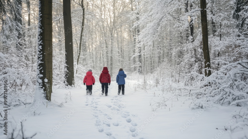 Three Children Walking Through a Snowy Forest Three Children Walking Through a Snowy Forest