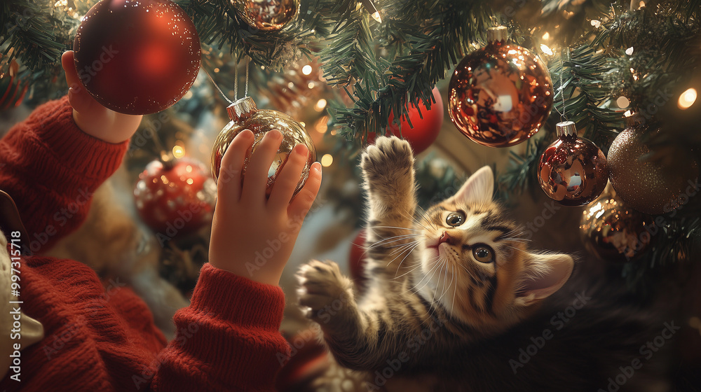 playful and cute kitten jumping and playing with christmas decorations on the tree