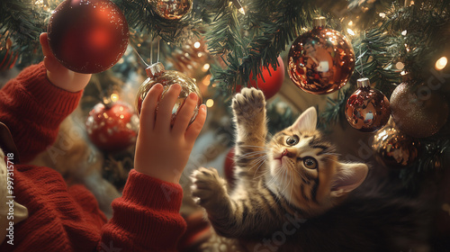 Obraz na płótnie playful and cute kitten jumping and playing with christmas decorations on the tree w salonie