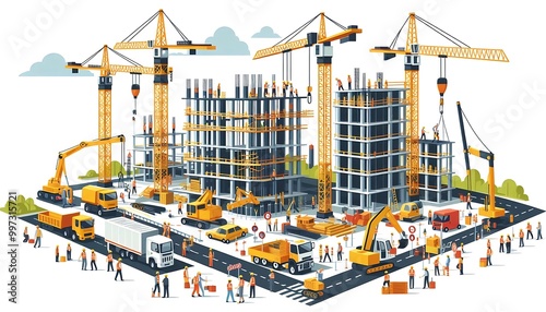 construction site with cranes, workers, and equipment in action