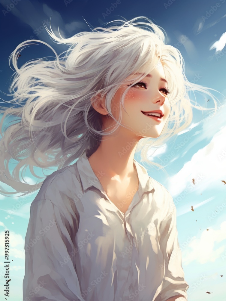 Anime-Style White-Haired Girl with Long Curly Hair, Smiling with Closed Eyes Against a Cloudy Sky Background Anime-Style White-Haired Girl with Long Curly Hair, Smiling with Closed Eyes Against a Cloudy Sky Background