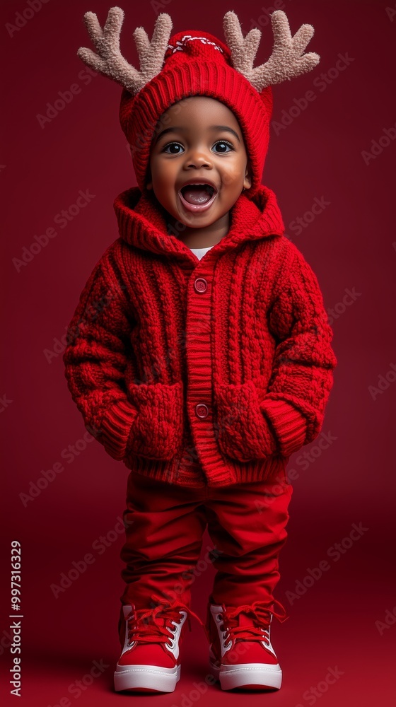 black toddler with cute reindeer horns costume and red shoes with a surprised expression and an excited pose with an open mouth on a red background for Christmas