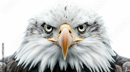 Majestic bald eagle portrait with intense gaze and detailed feather patterns isolated on white background