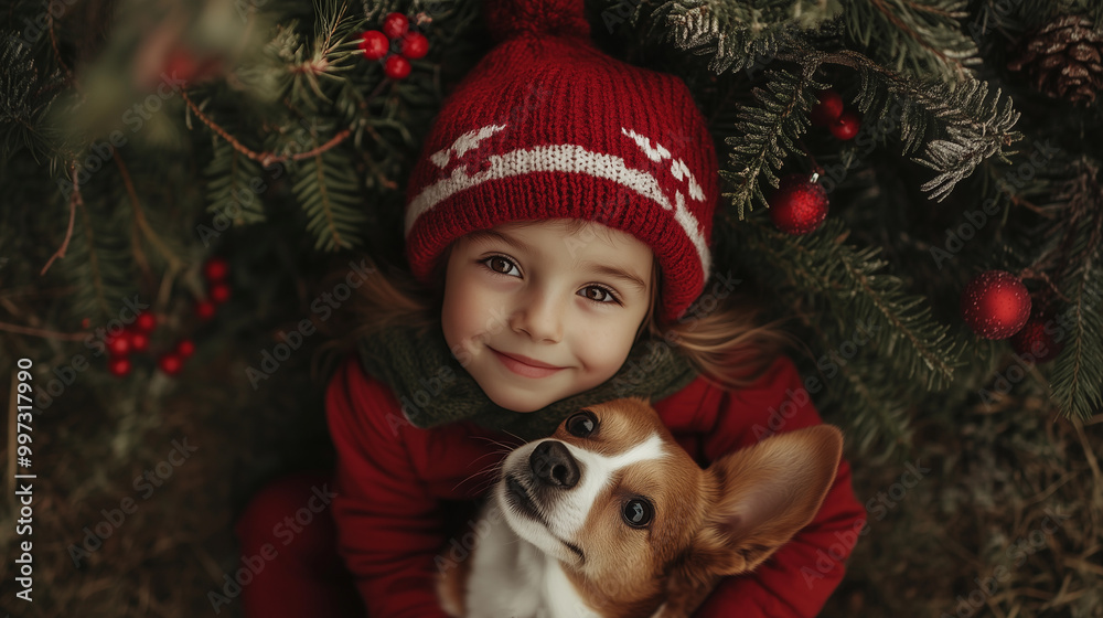 a girl playing with her pet dog next to a christmas tree, filled with decorations and ornaments