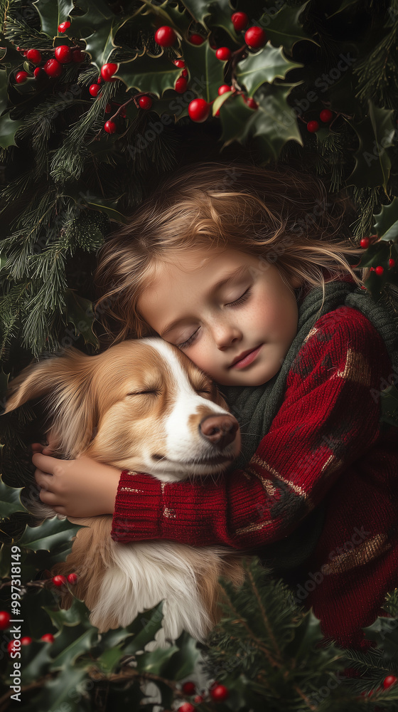 a girl playing with her pet dog next to a christmas tree, filled with decorations and ornaments