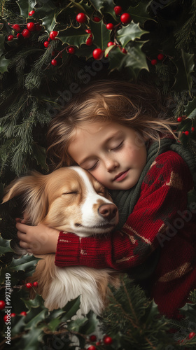 Obraz na płótnie a girl playing with her pet dog next to a christmas tree, filled with decorations and ornaments w salonie