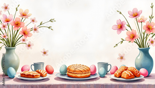 Wallpaper Mural Easter brunch table with pastries, coffee, and decorated eggs surrounded by flowers Torontodigital.ca