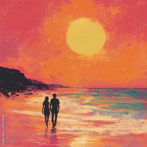 Silhouette of a couple walking hand-in-hand on a beach at sunset. photo