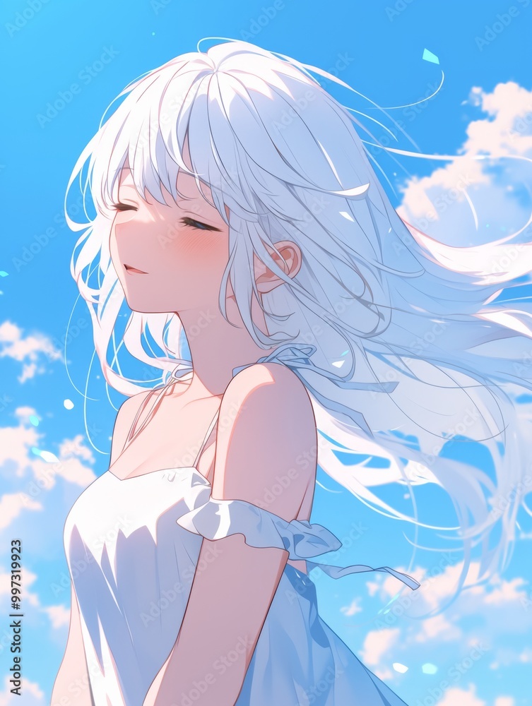 White-Haired Anime Girl with Long Silver Hair, Eyes Closed, Floating in a Sky of Clouds White-Haired Anime Girl with Long Silver Hair, Eyes Closed, Floating in a Sky of Clouds
