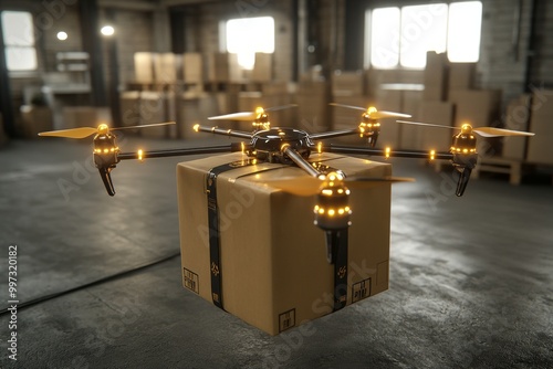 Drone carrying a package in an industrial warehouse setting highlighting the advancements in automated logistics transportation and smart warehousing technologies photo